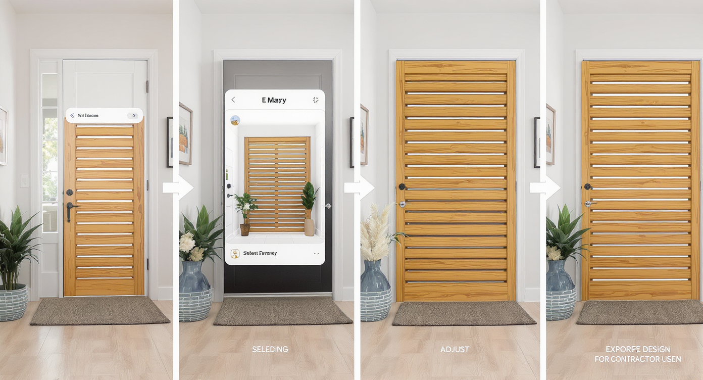 Four-step visual guide showing photo selection, divider choice, adjustment, and export for entryway design using AI tool.