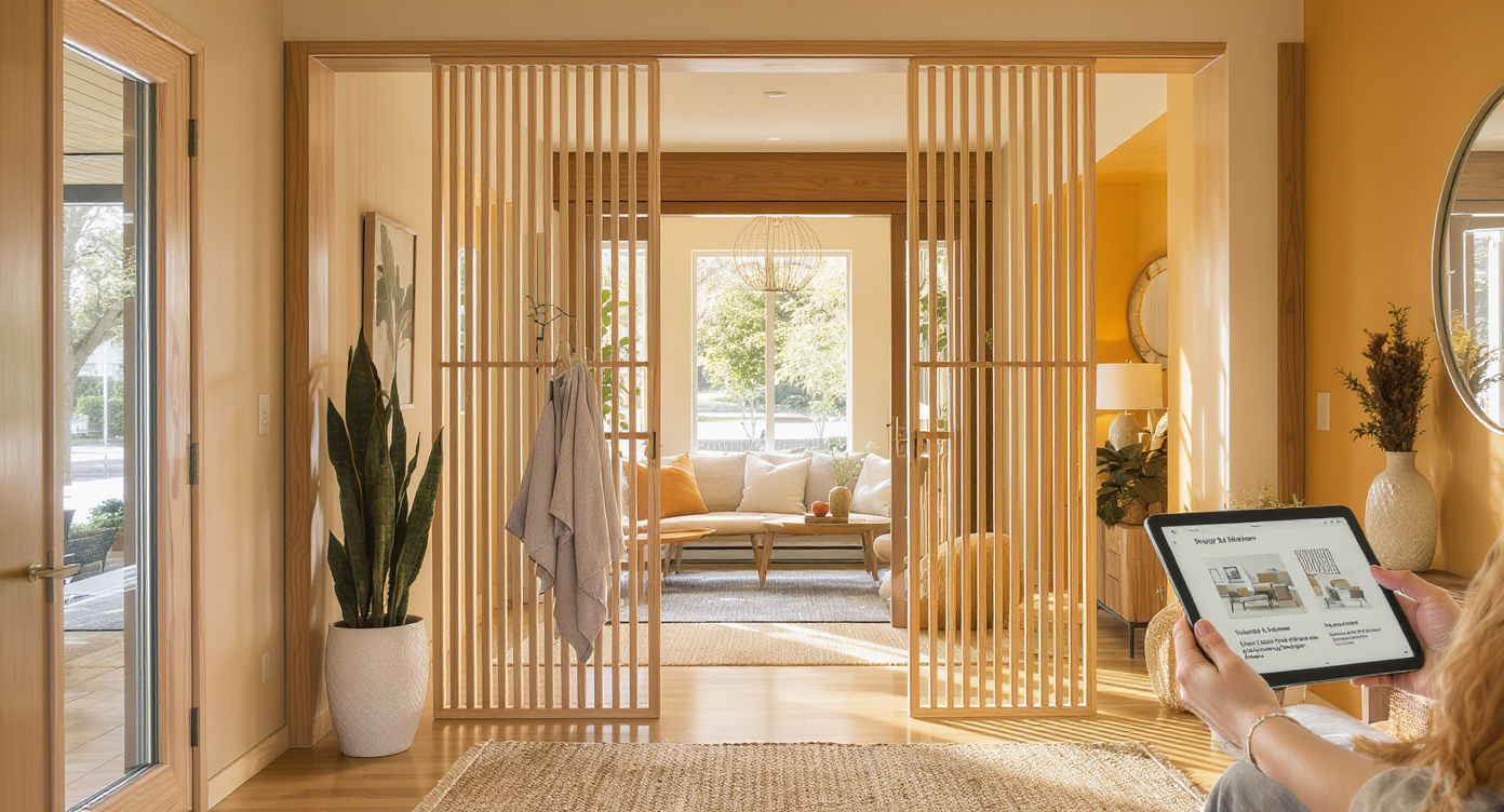 Stylish entryway with light wood slatted divider perfectly integrated with natural light and nearby materials, designer reviewing on tablet.