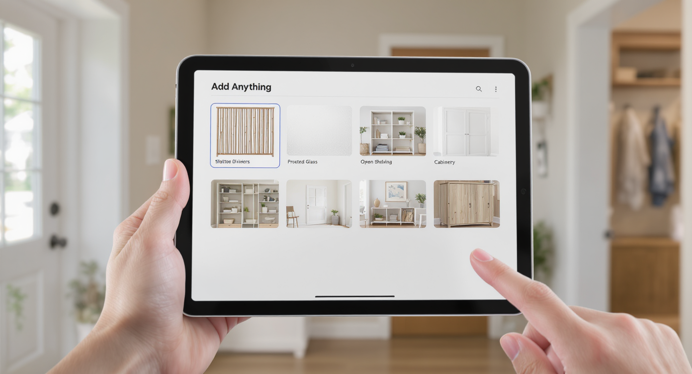 Tablet screen over entryway photo showing interface of 