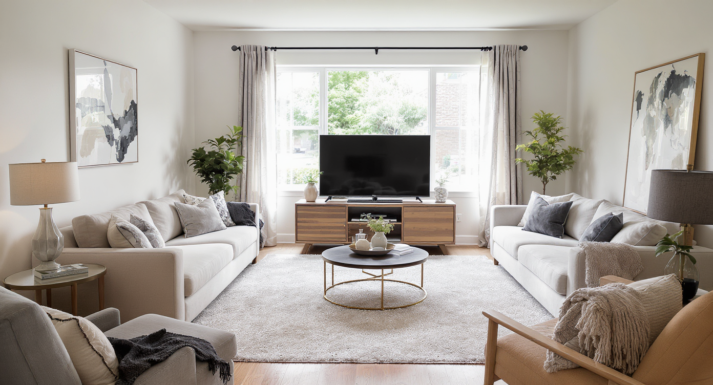 Living room with undersized rug, narrow TV console, and short curtains disrupting flow and balance, lit by daylight.