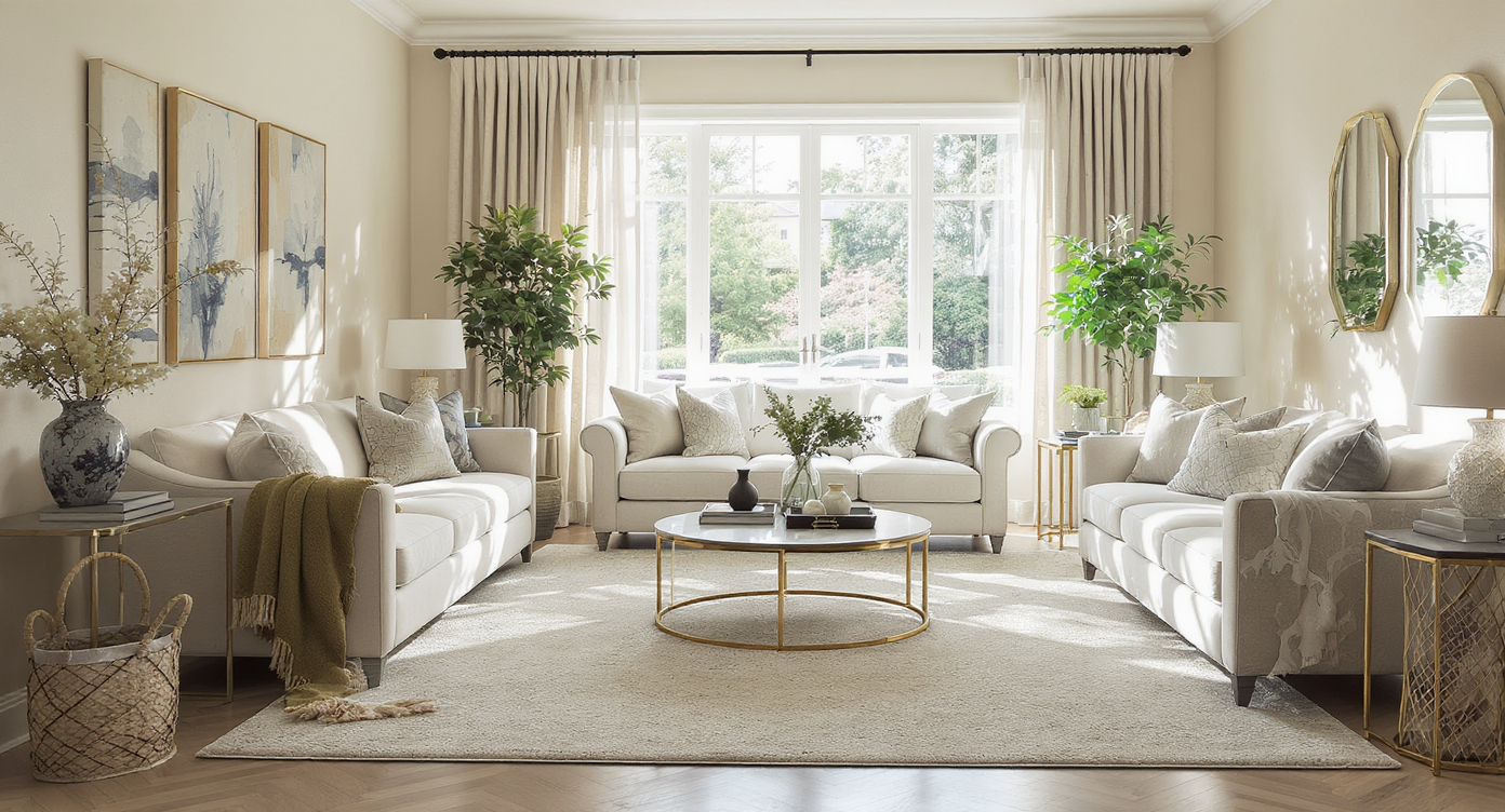 Sunlit living room with well-sized rug, full-length drapes, and ample space showcasing expert styling tips.