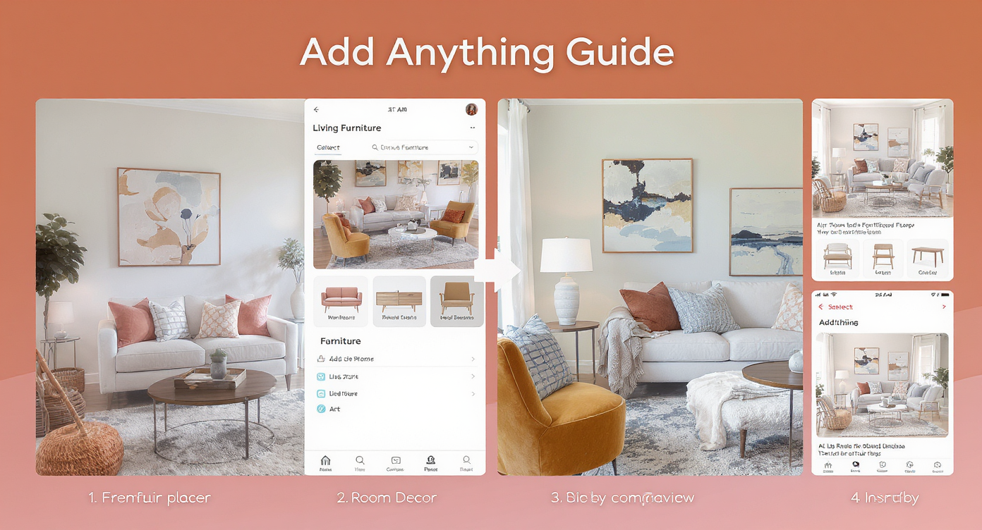Collage showing stepwise use of Add Anything tool: select photo, choose items, place decor, and compare saved designs.
