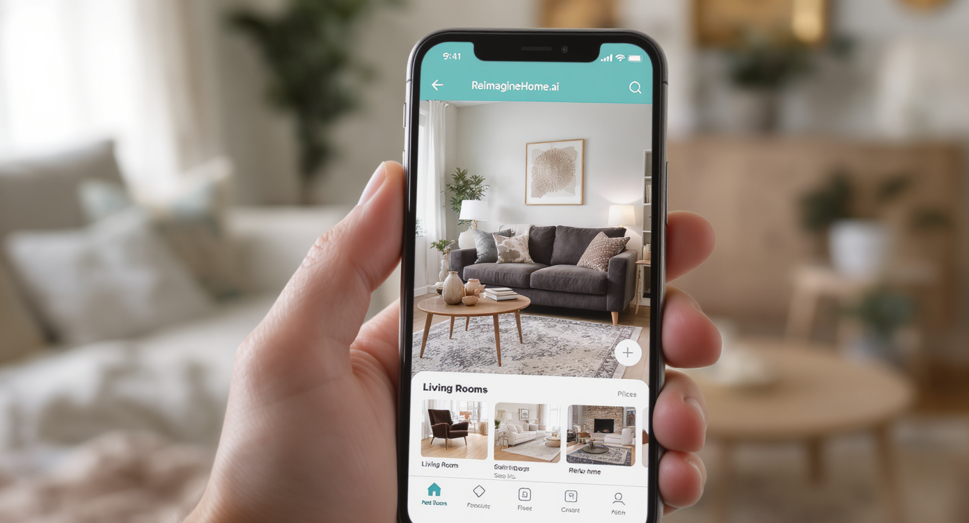 Hand holding smartphone showing room design app adding furniture digitally over blurred lively living room background.