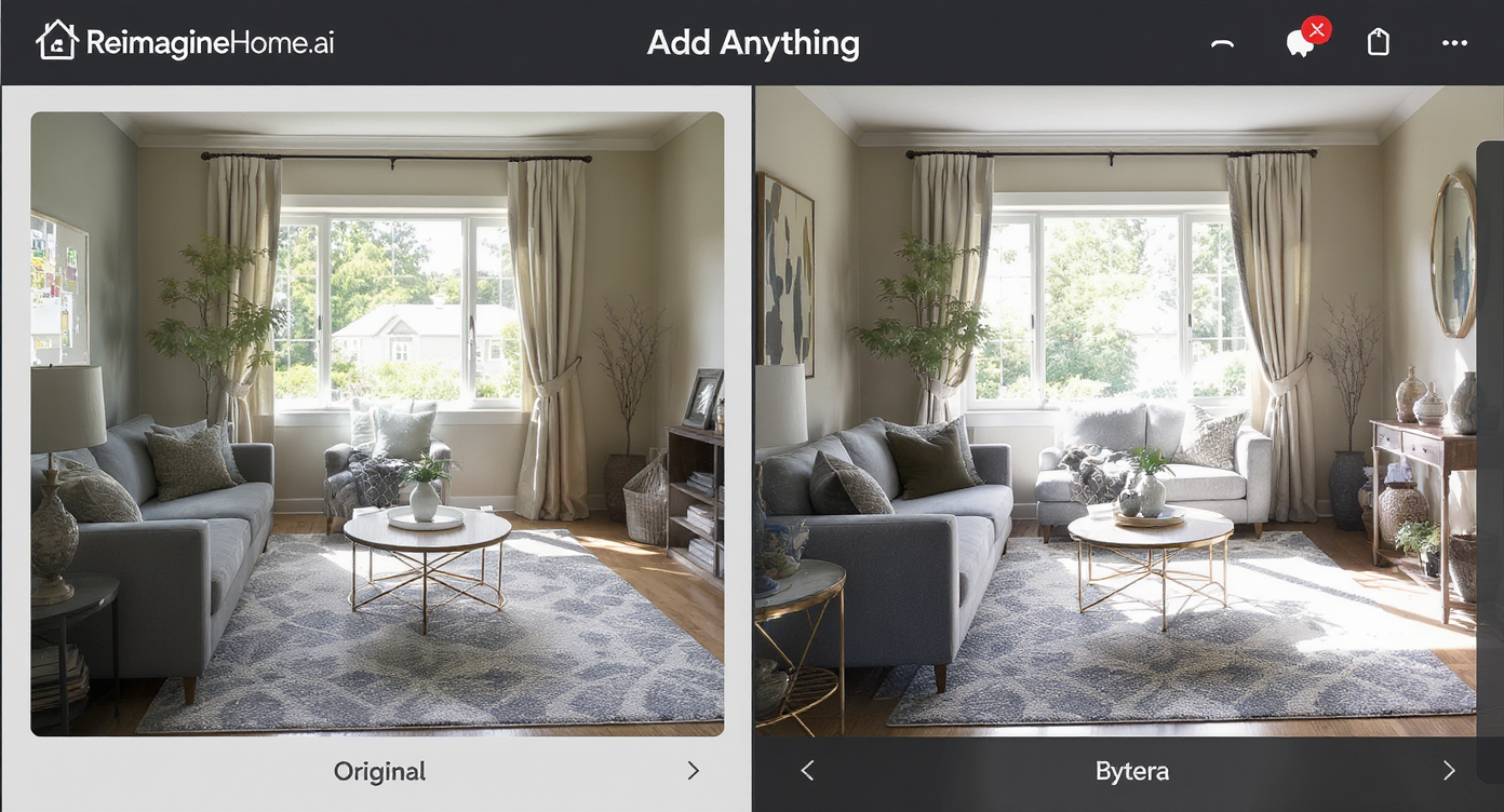 Split-screen living room photo with original and digitally enhanced versions adding furniture and decor in natural daylight.