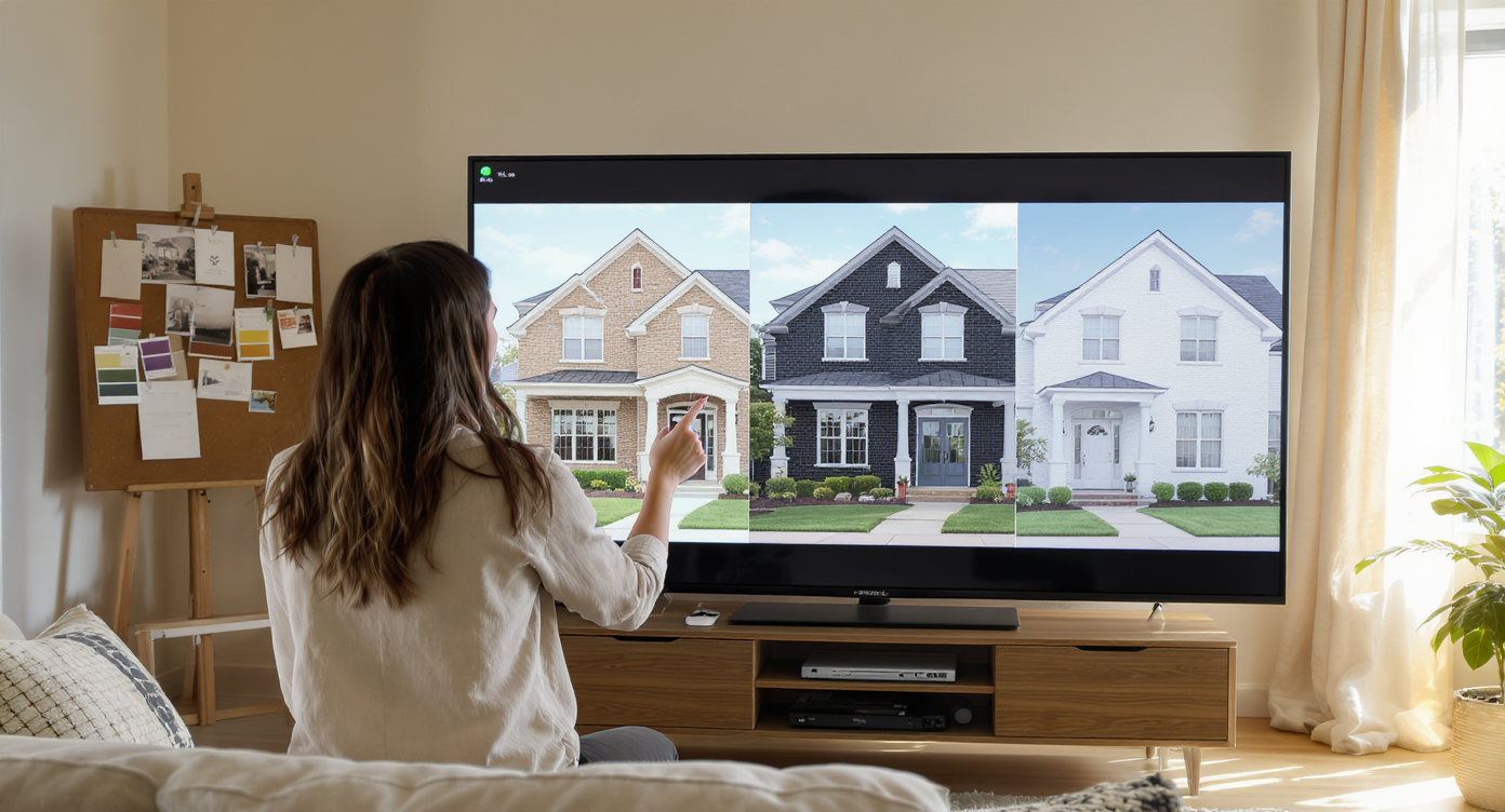 Designer in sunlit room showing exterior render previews on screen with brick finish swatches and reference photos nearby.