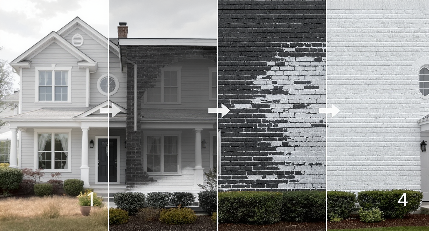 Four-stage montage illustrating the step-by-step AI rendering process transforming a home facade with black and whitewash brick finishes.