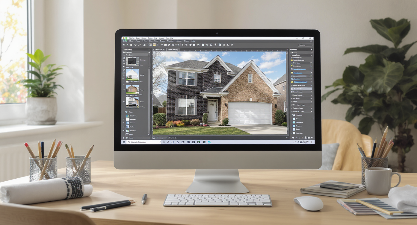 Desktop view showing exterior render software with black wash and whitewash brick options on a suburban home facade, surrounded by design tools.