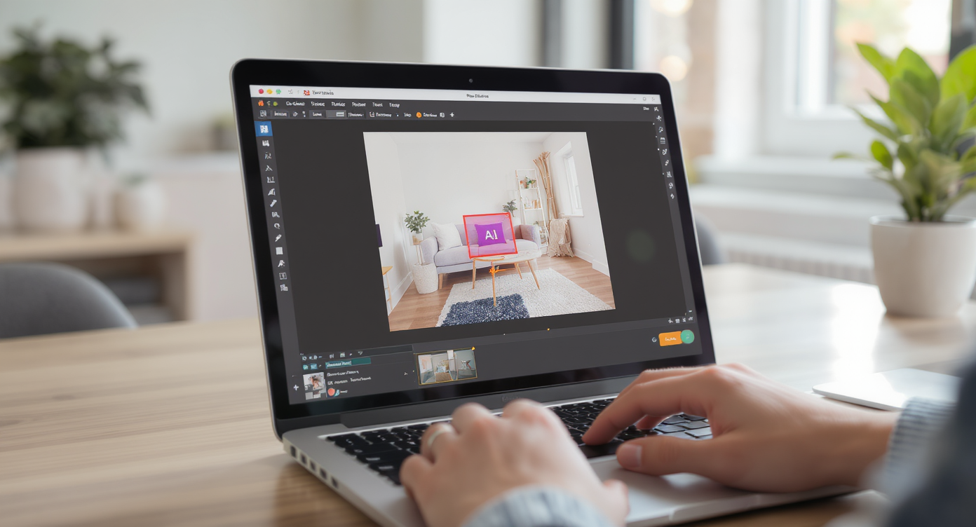 Person editing room photo on laptop using AI object removal tool in a modern, tidy interior setting.