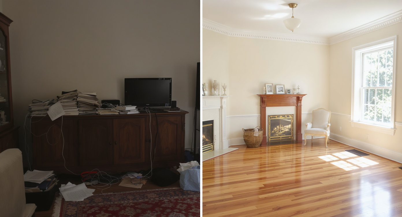 Side-by-side comparison of cluttered vs clean room highlighting how clutter hides architectural features.