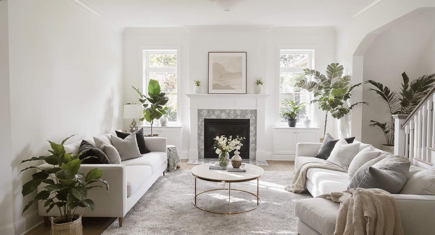 Well-lit living room with clear sightlines, natural materials, and thoughtfully placed decor after clutter removal.