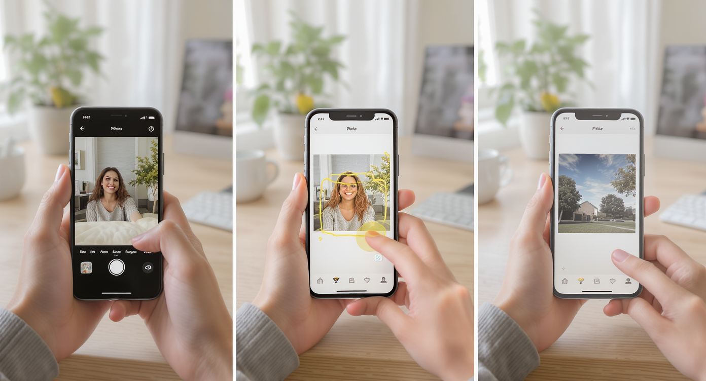 Sequence showing photo selection, object highlighting, and final edited room image using AI removal in home office.