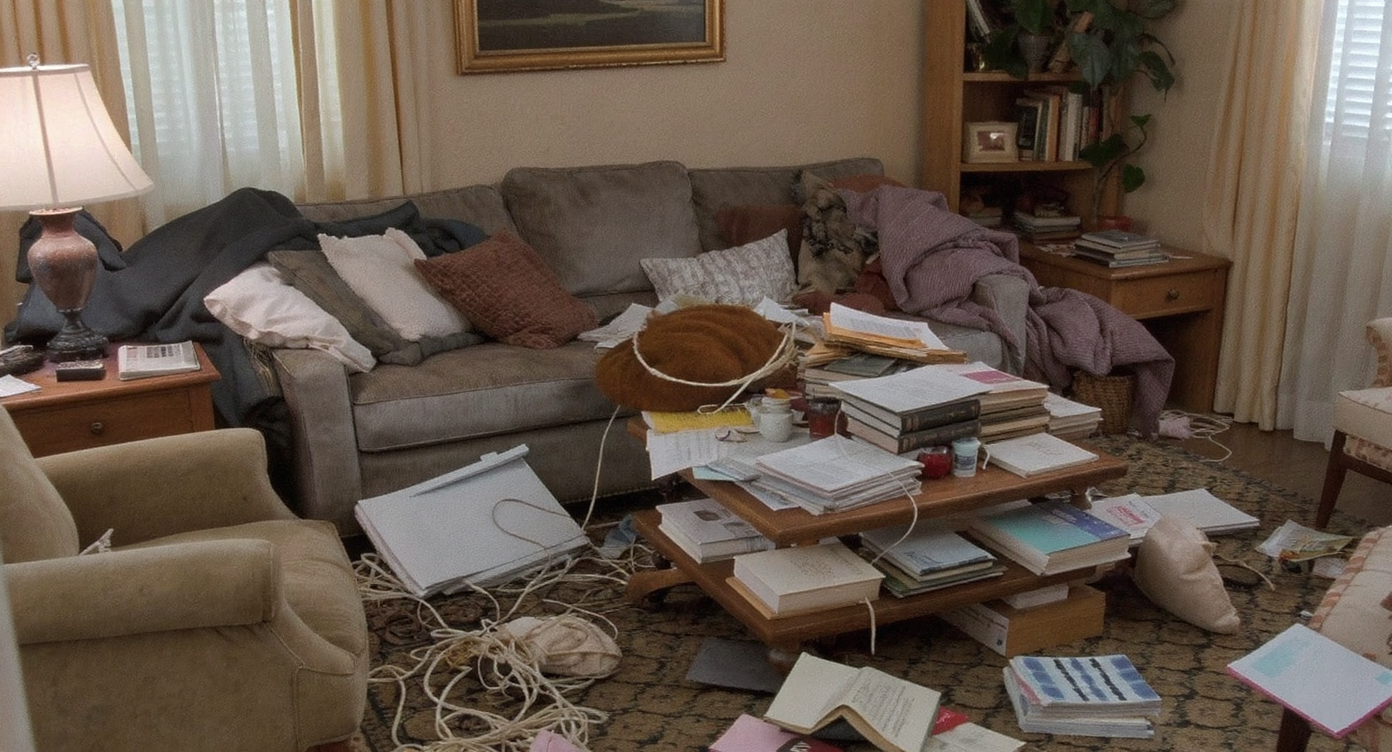 Cluttered living room with cords, books, and miscellaneous items on tables and shelves, warm natural light.