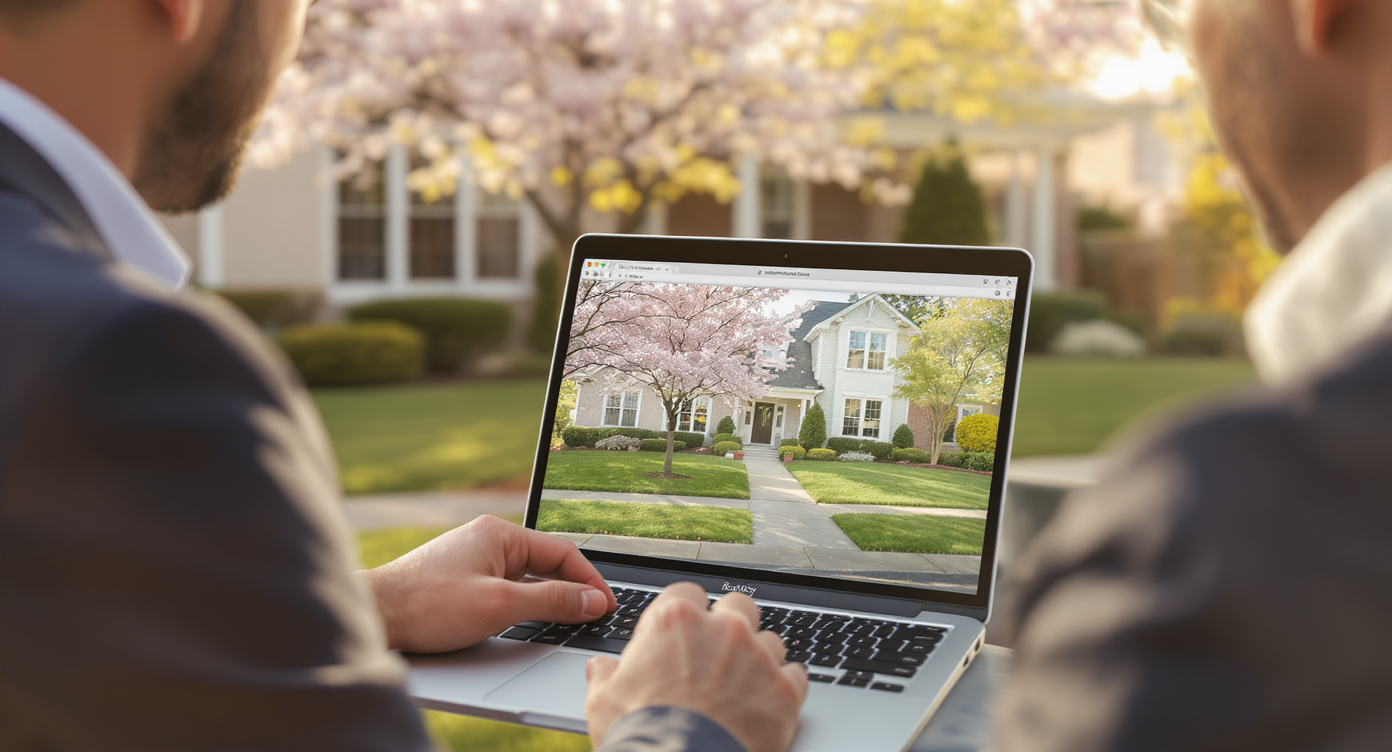 Realtor and homeowner outdoors reviewing spring-ready Seasonal Reset image on laptop by a home with blooming trees and fresh lawn.