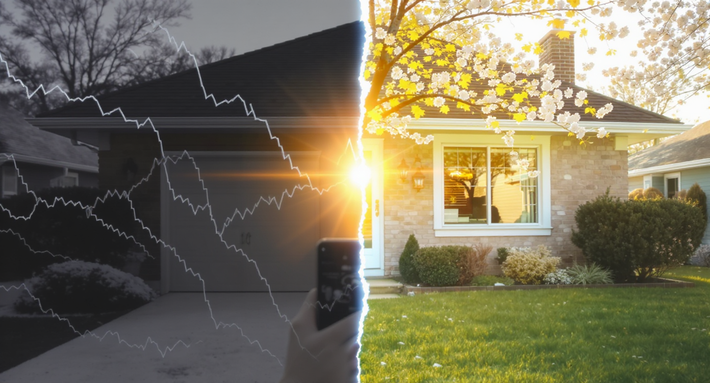 Split view of cold winter house with low engagement and warm spring exterior with high buyer interest and positive graphs.