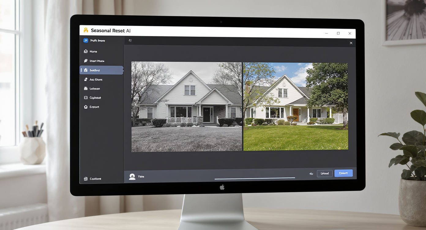 Modern computer showing side-by-side house photos before and after Seasonal Reset AI editing in a bright workspace.