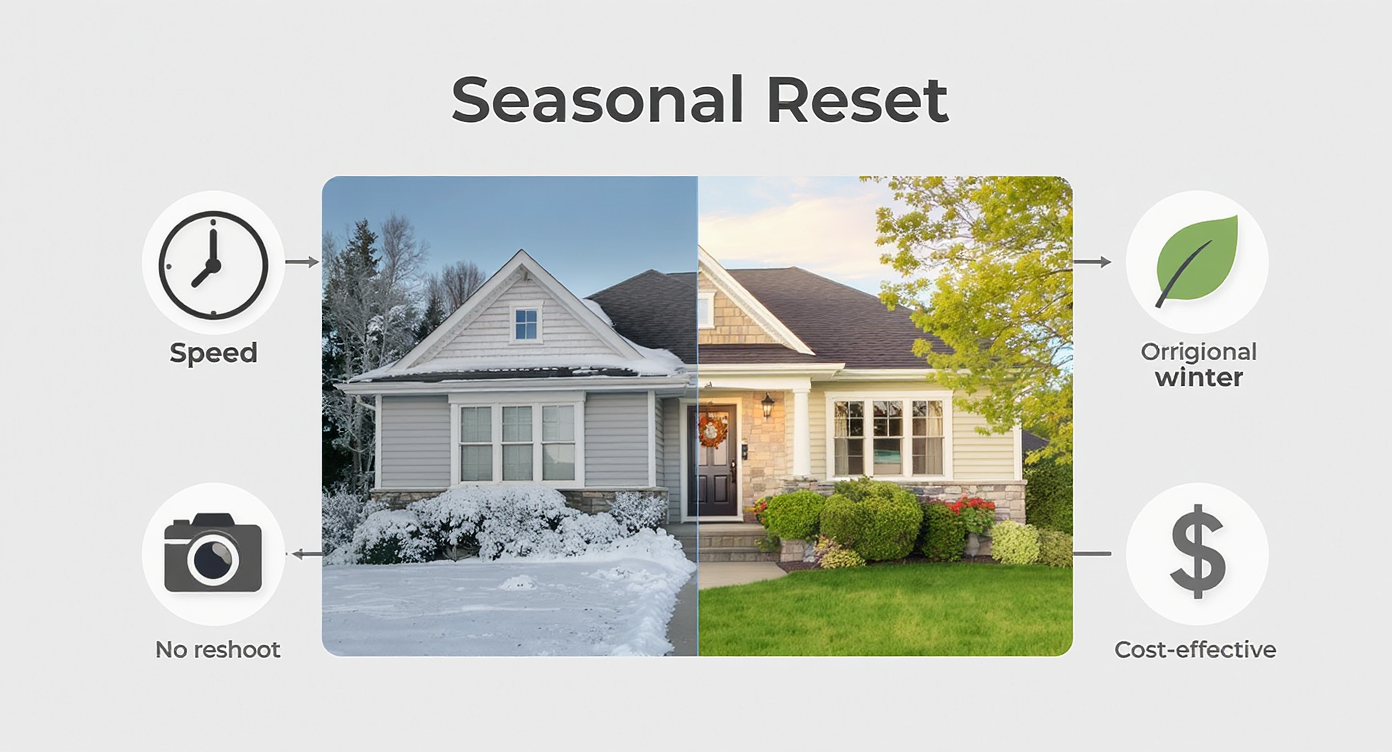 Side-by-side winter and spring house photos surrounded by icons showing speed, greenery, no reshoot, and cost savings.