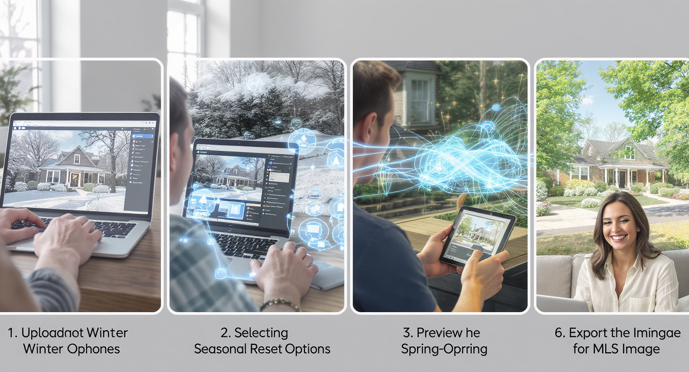 Sequence depicting uploading, AI transformation, preview, and exporting a winter house photo into spring-ready images for MLS listings.