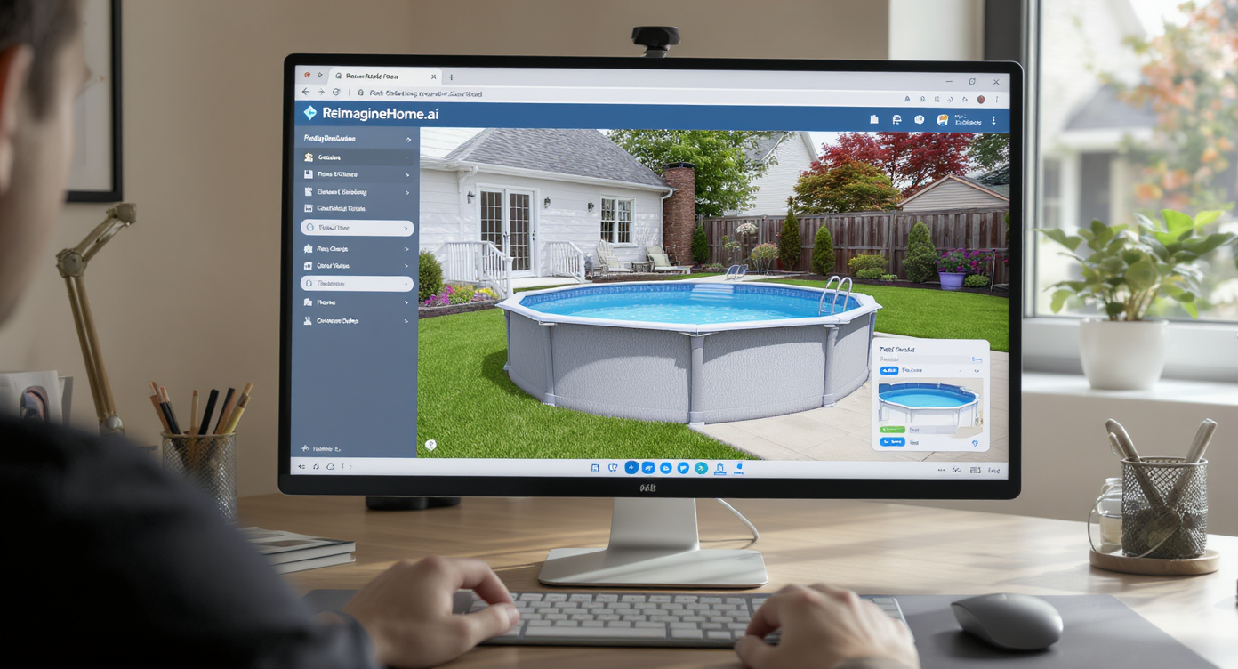 High-resolution computer showing backyard photo with digitally added above-ground pool in design software, hands interacting with mouse and keyboard in sunlit modern home office.