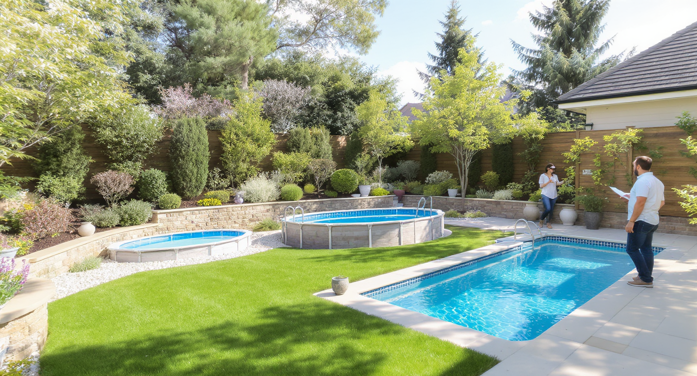 Backyard photo featuring multiple digital pool options sized to fit different yard areas, with a homeowner and designer discussing near a patio under natural daylight.