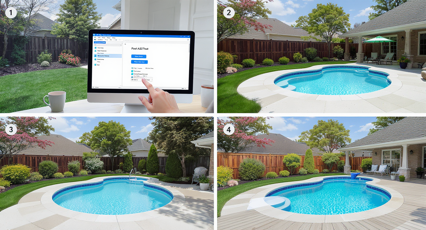 Four-step sequence showing backyard photo, software selection, digitally added pool matching yard slopes, and final refined pool design with decking and landscaping.