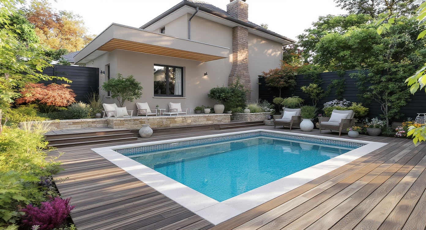 Backyard with plunge pool harmoniously integrated into modern house surroundings, natural stone coping, wooden decking, crystal clear water, and golden hour lighting.