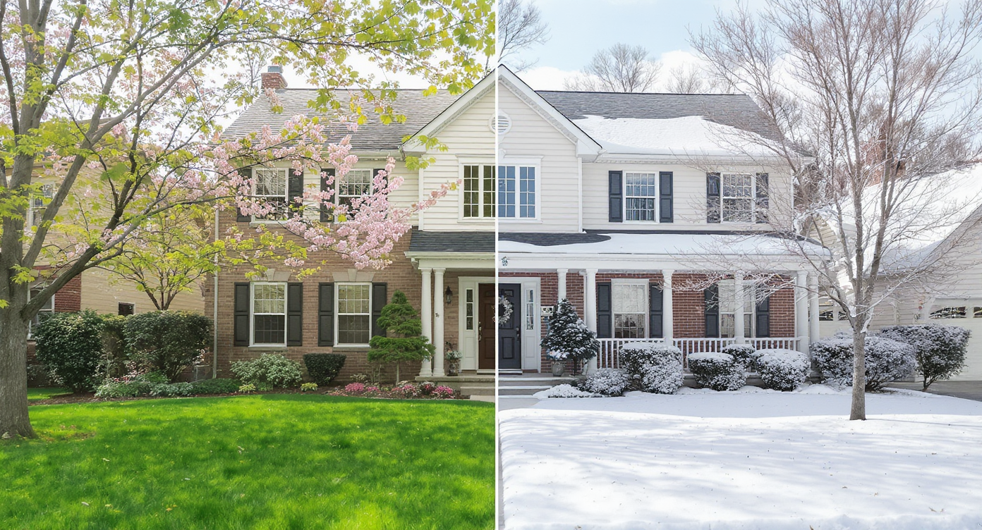 Suburban home exterior split between vibrant spring garden and snowy winter yard under soft daylight.