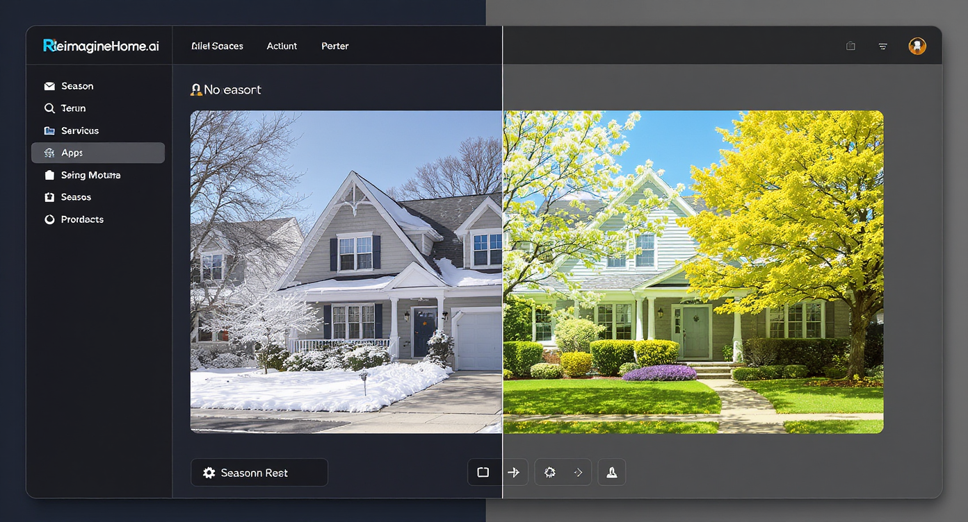 User interface showing original winter home photo and AI-transformed spring image side by side.