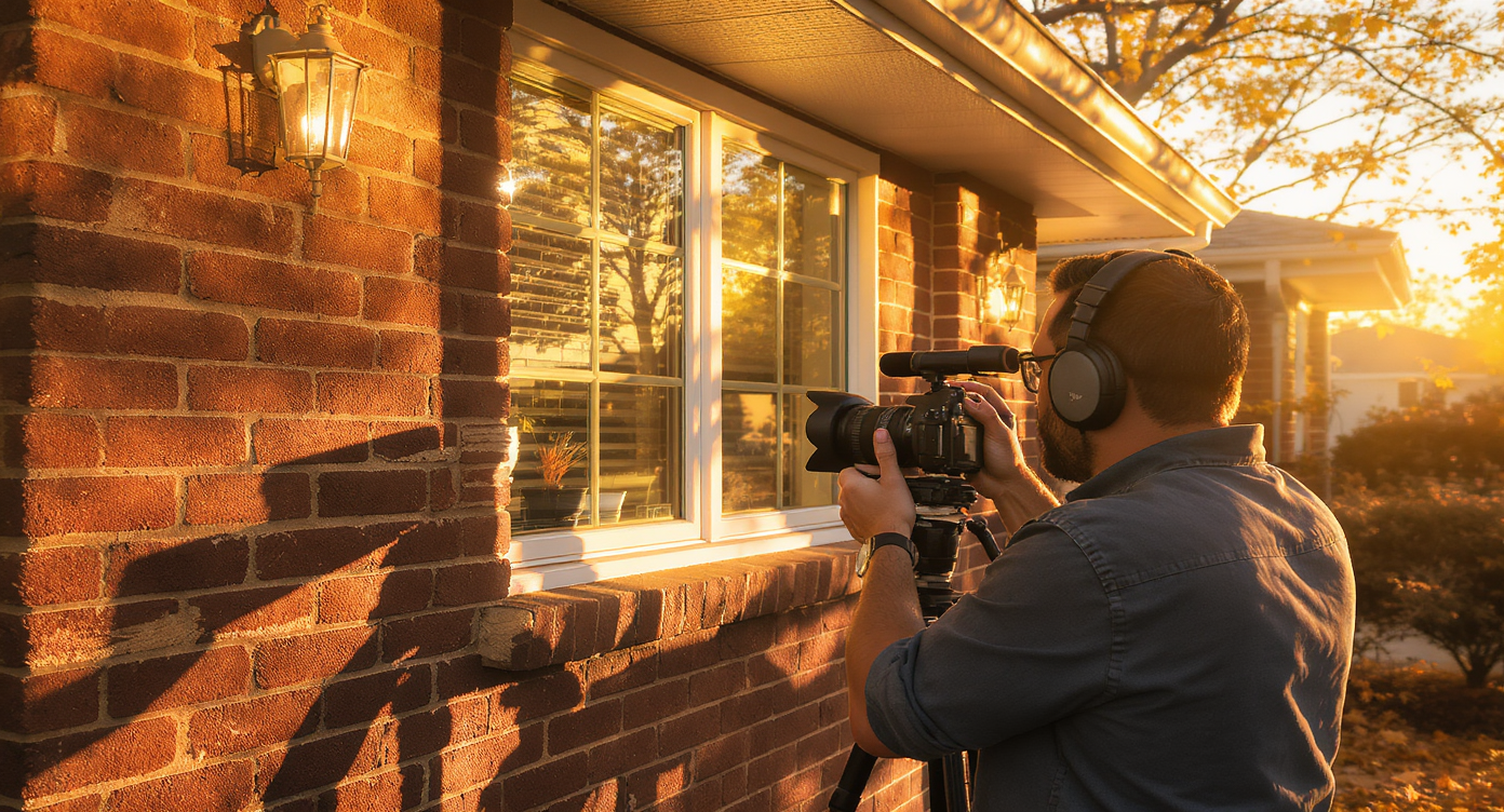 Photographer capturing home exterior in warm golden hour light for authentic seasonal photo edits.