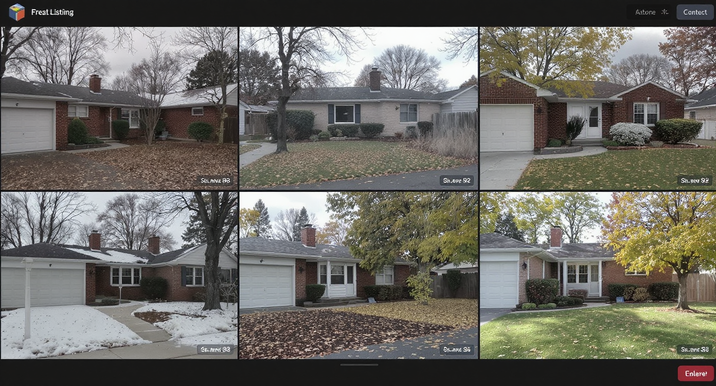 Real estate listing gallery with inconsistent seasonal photos showing barren winter and lush summer yards.