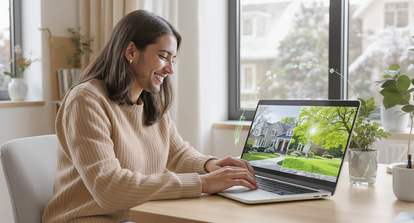 Real estate agent in sunlit office uploading winter home photo to AI tool, showing seasonal image transformation.