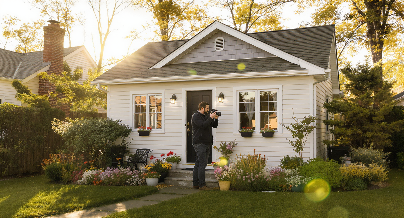 Photographer and agent stage tiny home exterior with green plants and warm late afternoon light for realistic shots.
