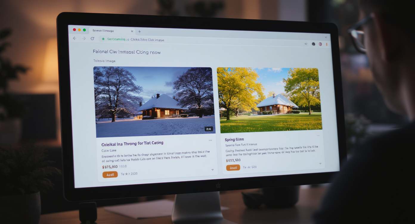 Computer screen shows split thumbnails of a tiny home in winter twilight and spring, highlighting visual difference for realtors.