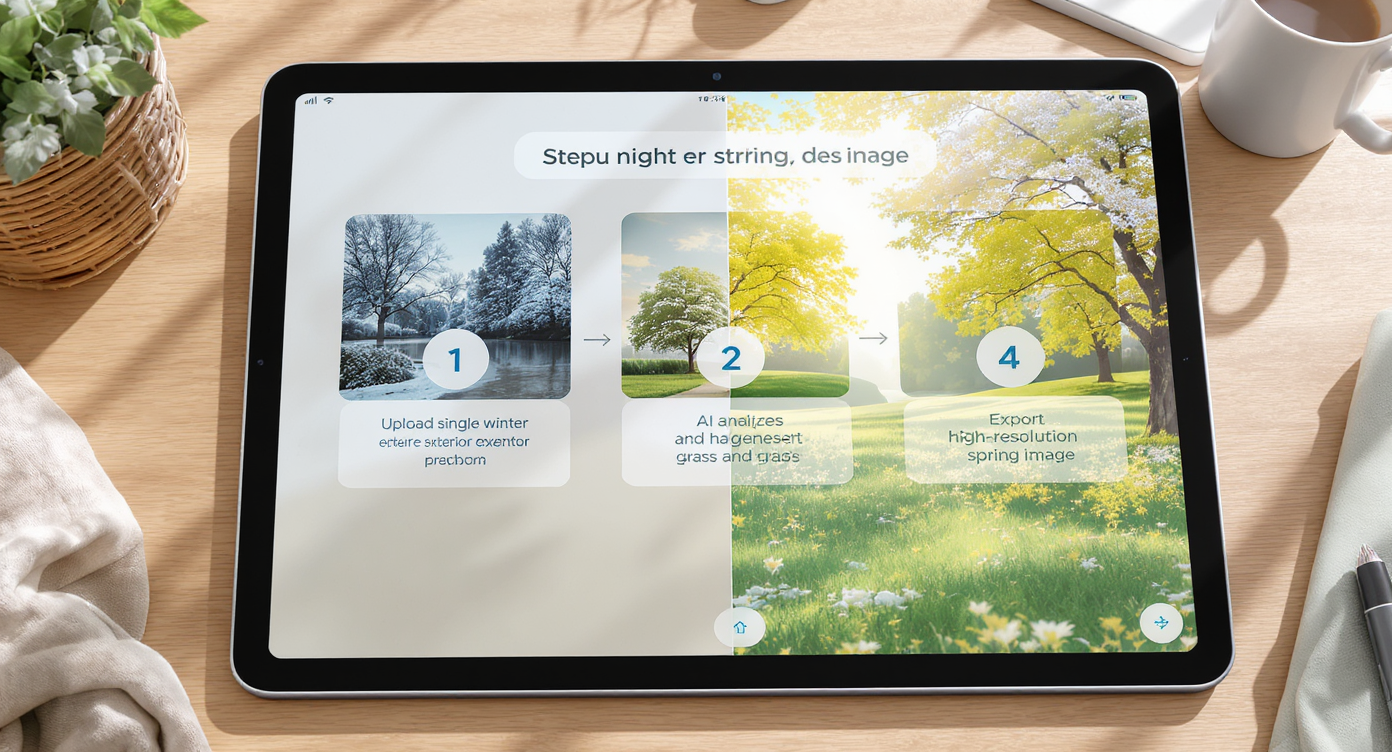 Tablet screen displays stepwise AI seasonal reset process from winter photo upload to spring image export in bright office.