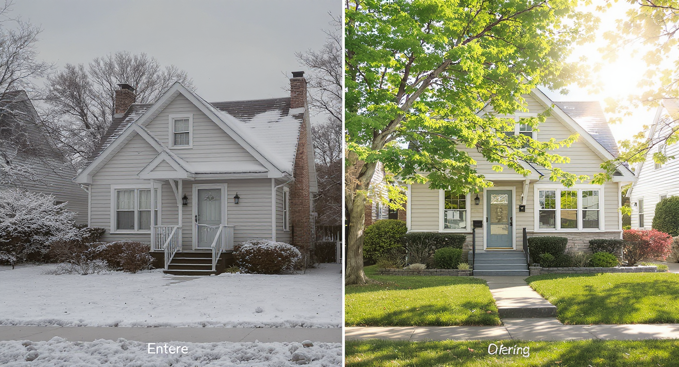 Split outdoor image showing a tiny home exterior half covered in snow and bare trees, the other half in spring greenery and sunlight.