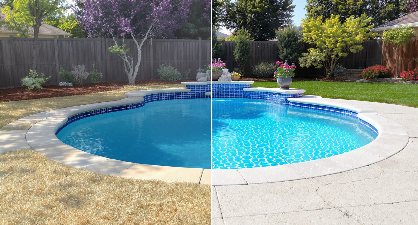 Split image showing a dull, murky pool and worn coping on left; sparkling renovated pool and bright landscaping on right.