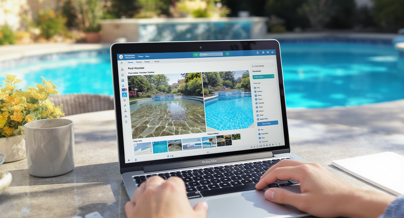 Laptop on outdoor table showing AI tool with before-and-after pool photos; clear water pool in background.