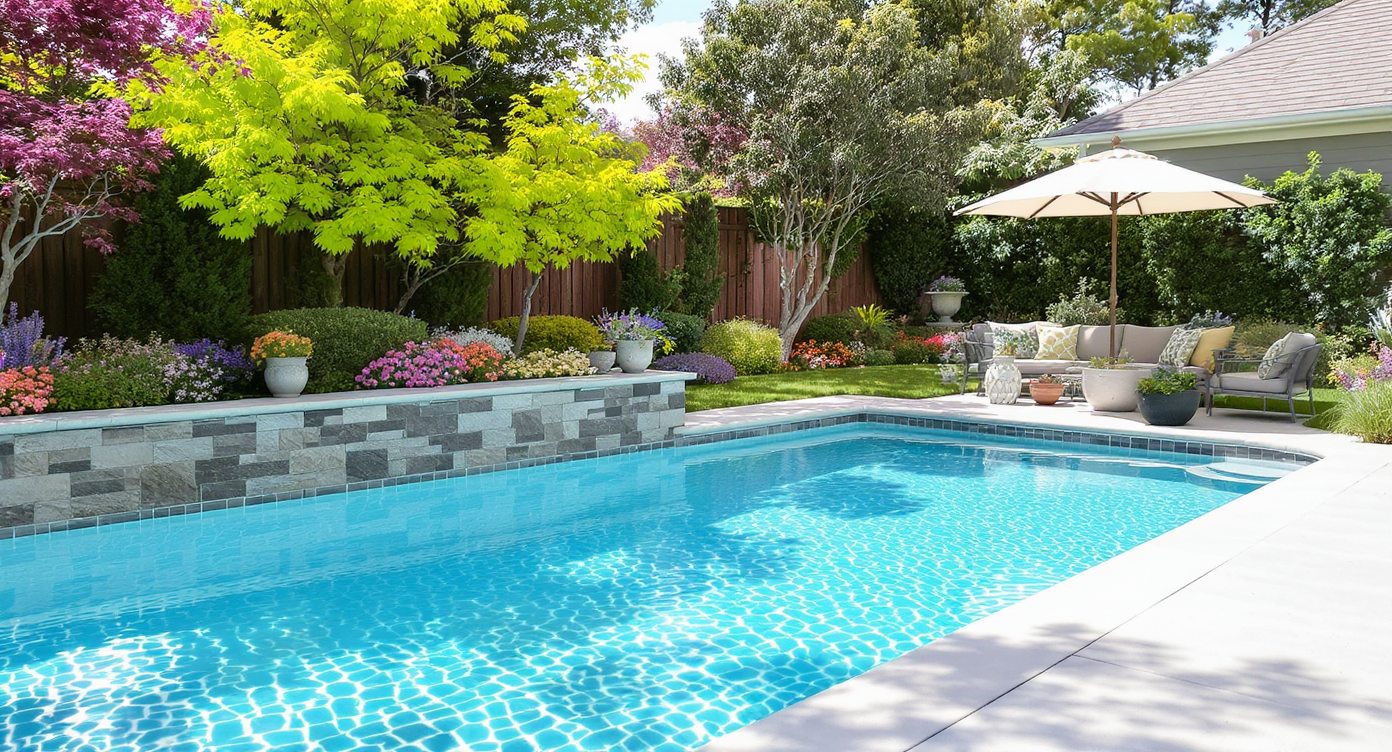 Beautiful backyard pool with clear water, polished stone coping, bright paving, lush lawn, and homeowner reviewing design on tablet.