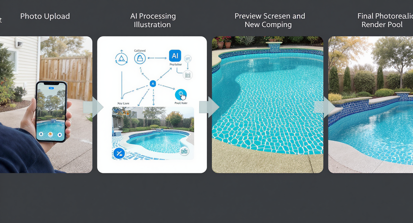 Step-by-step sequence showing pool photo upload, AI editing process, design preview, and final renovated pool result.
