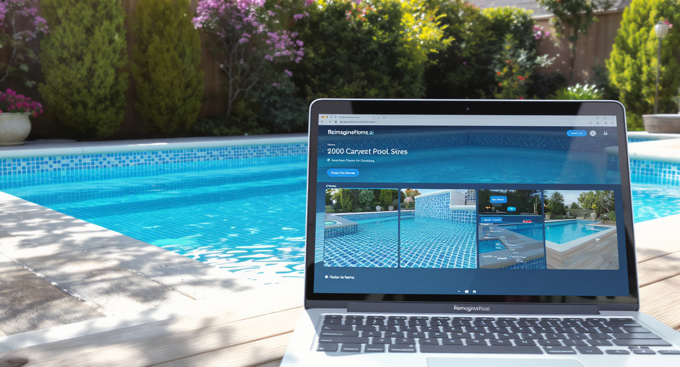 Backyard pool with clear blue water, modern mosaic tile, and digital AI interface previewing style upgrades.