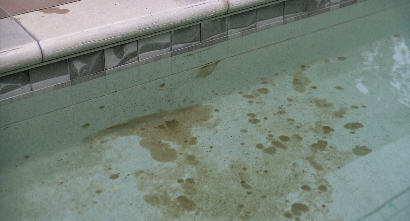 Close-up of a backyard pool with murky green water, stained tiles, and worn coping under natural light.