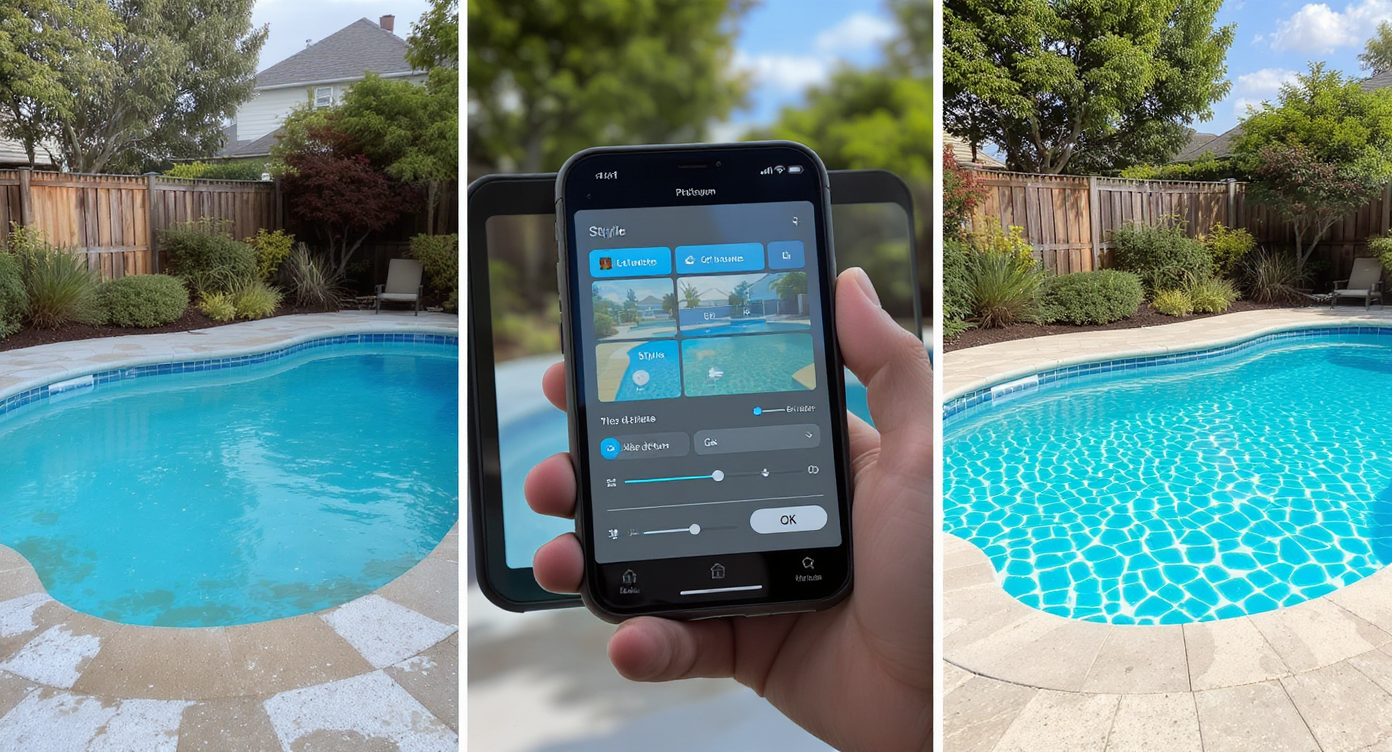 Triptych showing tired pool photo, AI tool interface, and digitally refreshed pool result in natural lighting.