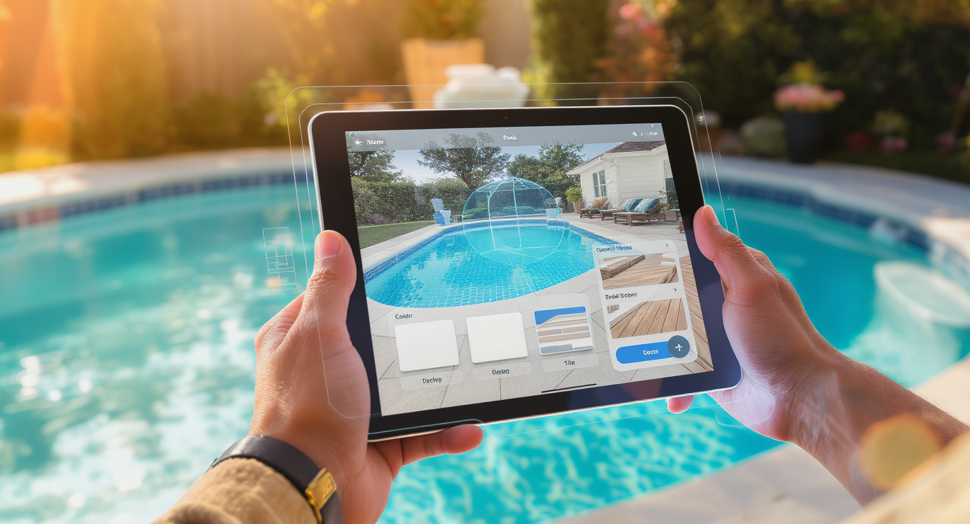 Homeowner using tablet to preview AI-powered digital upgrades on a clear blue backyard pool with modern tile and decking.