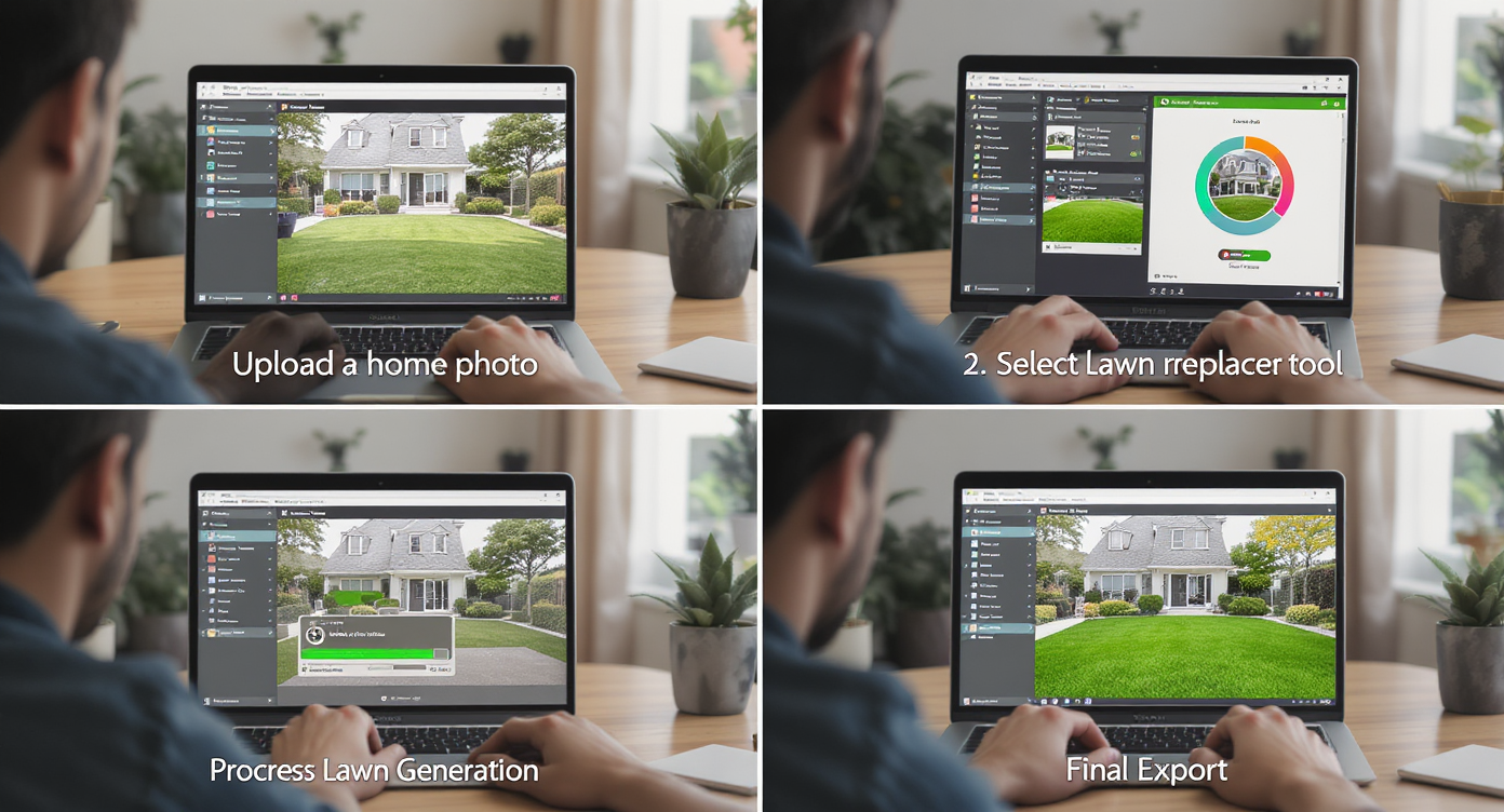 Sequence showing a homeowner uploading and editing a yard photo on laptop using AI lawn replacement tool in a bright home office.