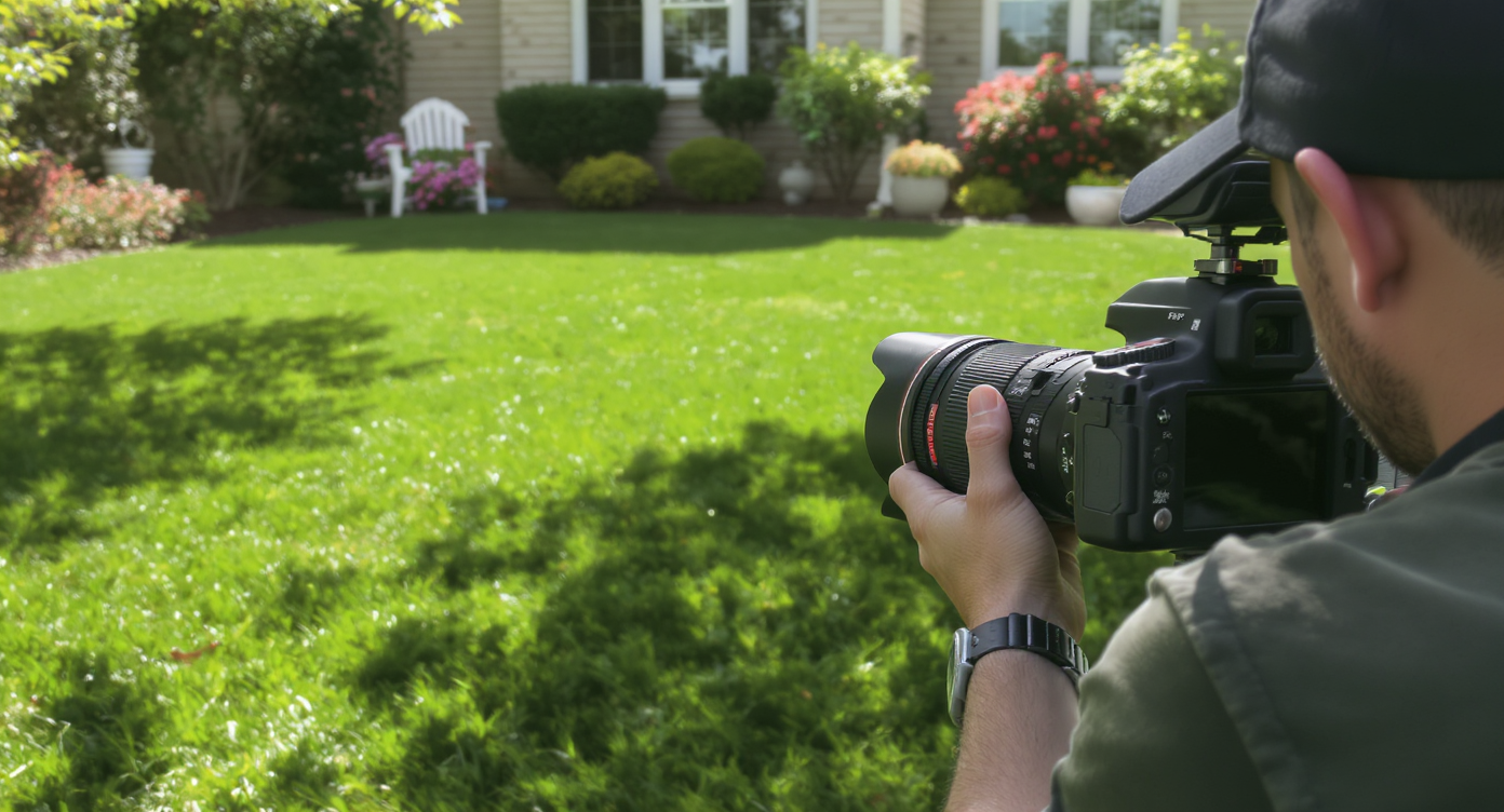 Photographer adjusting camera to capture realistic, newly replaced lawn with matched texture and natural lighting outdoors.
