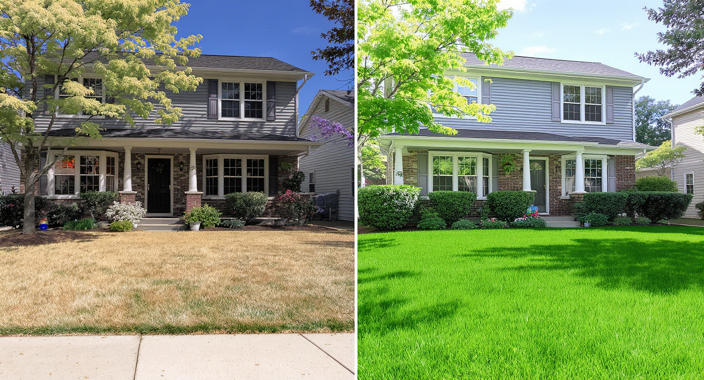 Split view of front yard showing dry patchy turf before and lush green grass after realistic AI lawn replacement editing.