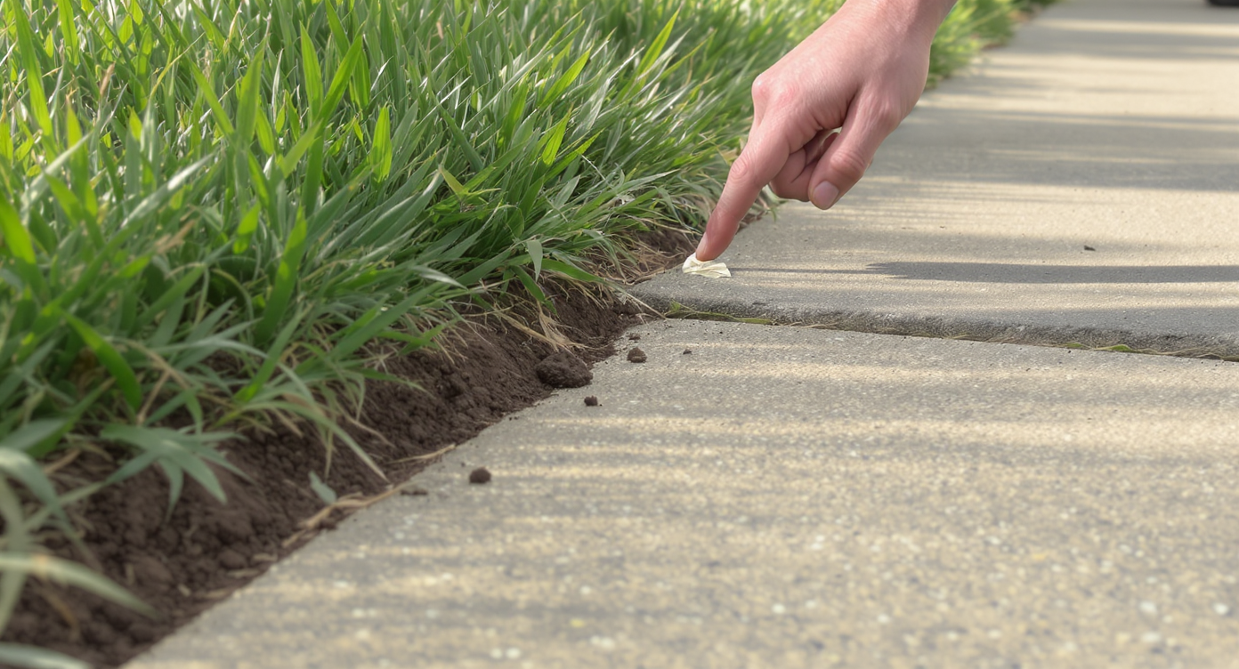 Close-up of scalped and weedy lawn edge next to driveway with homeowner pointing at damage in bright natural light.