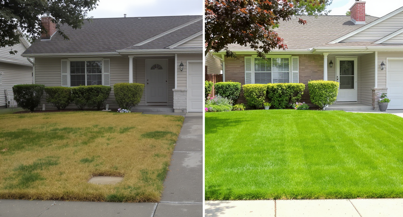 Comparison of real estate thumbnails showing a house with patchy lawn versus vibrant healthy grass highlighting visual impact.