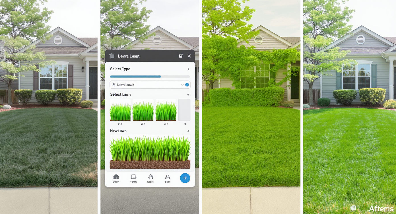 Four-panel step-by-step visual showing original lawn, AI tool interface, preview with new grass, and final vibrant lawn export.
