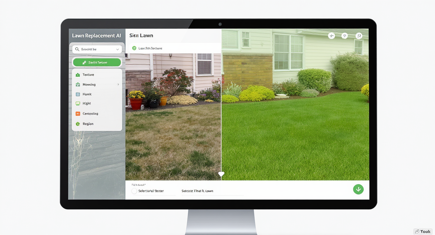 Digital interface showing side-by-side before and after images of a house with dull versus lush green lawn using AI lawn replacement tool.