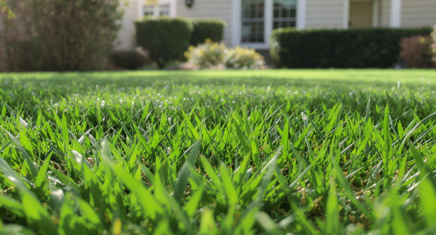 Close-up of realistic cool-season grass blades with natural dew and soft shadows in front of a blurred house background.